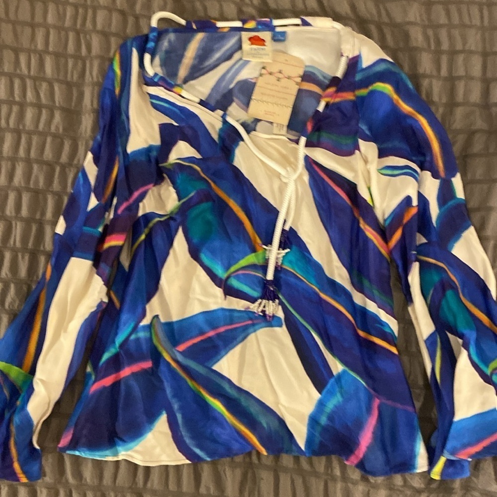 Farm Rio Long-Sleeve Rope-Tie Blouse 💙 - Picture 5 of 8